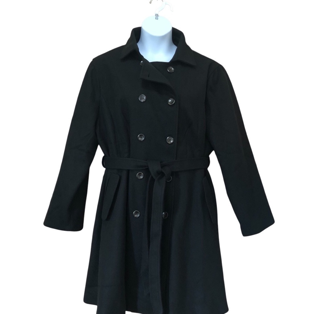 Hanna Nikole Women’s Wool Dress Coat 24W Black Pea Coat Double Breast Belted NWT - Picture 5 of 10